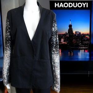 HAODUOYI Black Blazer Sequin Long Sleeves Lined-Jacket  Medium